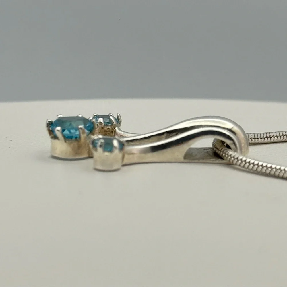 Sterling Silver Genuine Blue Topaz Triple Drop Pendant Snake Chain